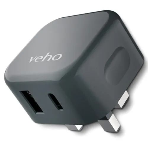 Discount Veho 3 Pin Dual Port Plug Adapter by Grey